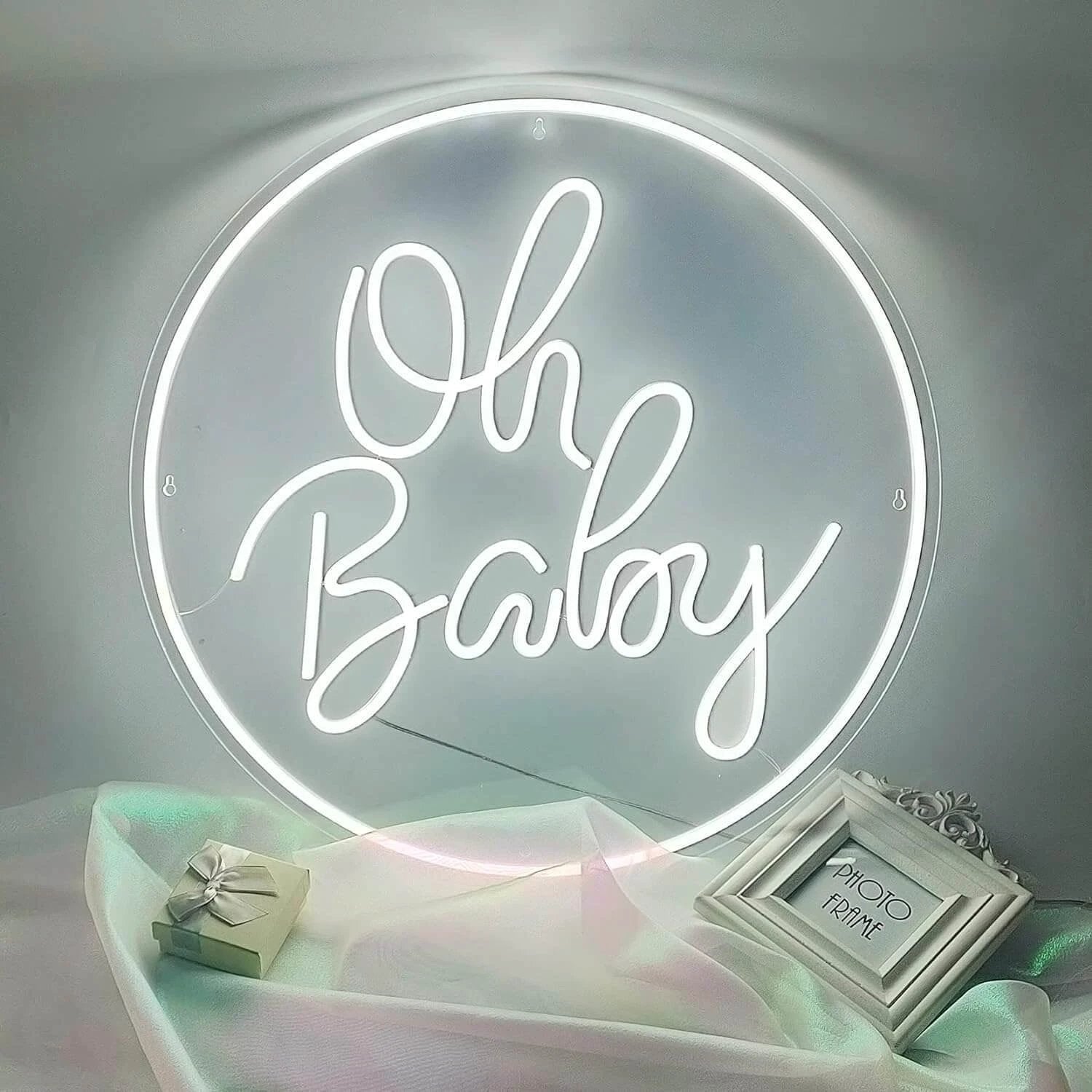 Round Oh Baby Neon Sign for Baby Shower Birthday Party Decor by Neonchics