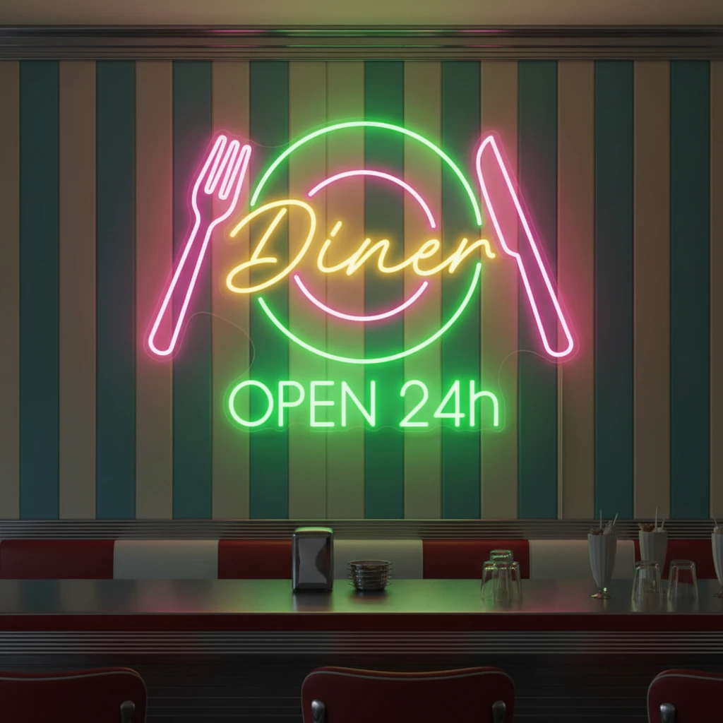 Restaurant Neon Sign Dinner 24h Open Neon Sign by Neonchics