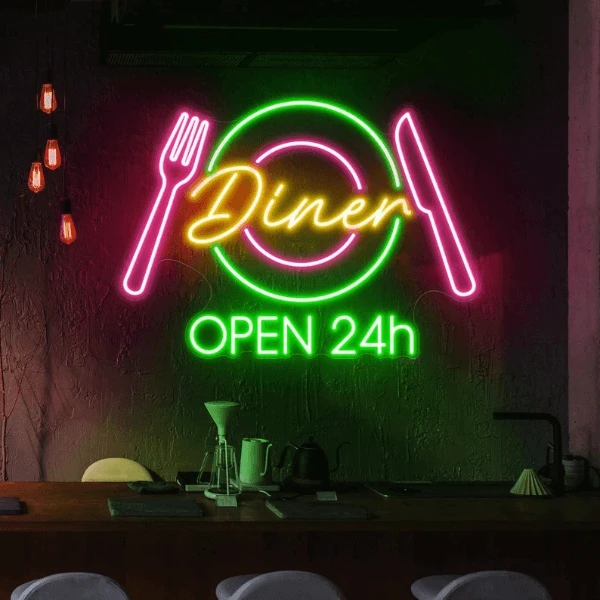 Restaurant Neon Sign Dinner 24h Open Neon Sign by Neonchics