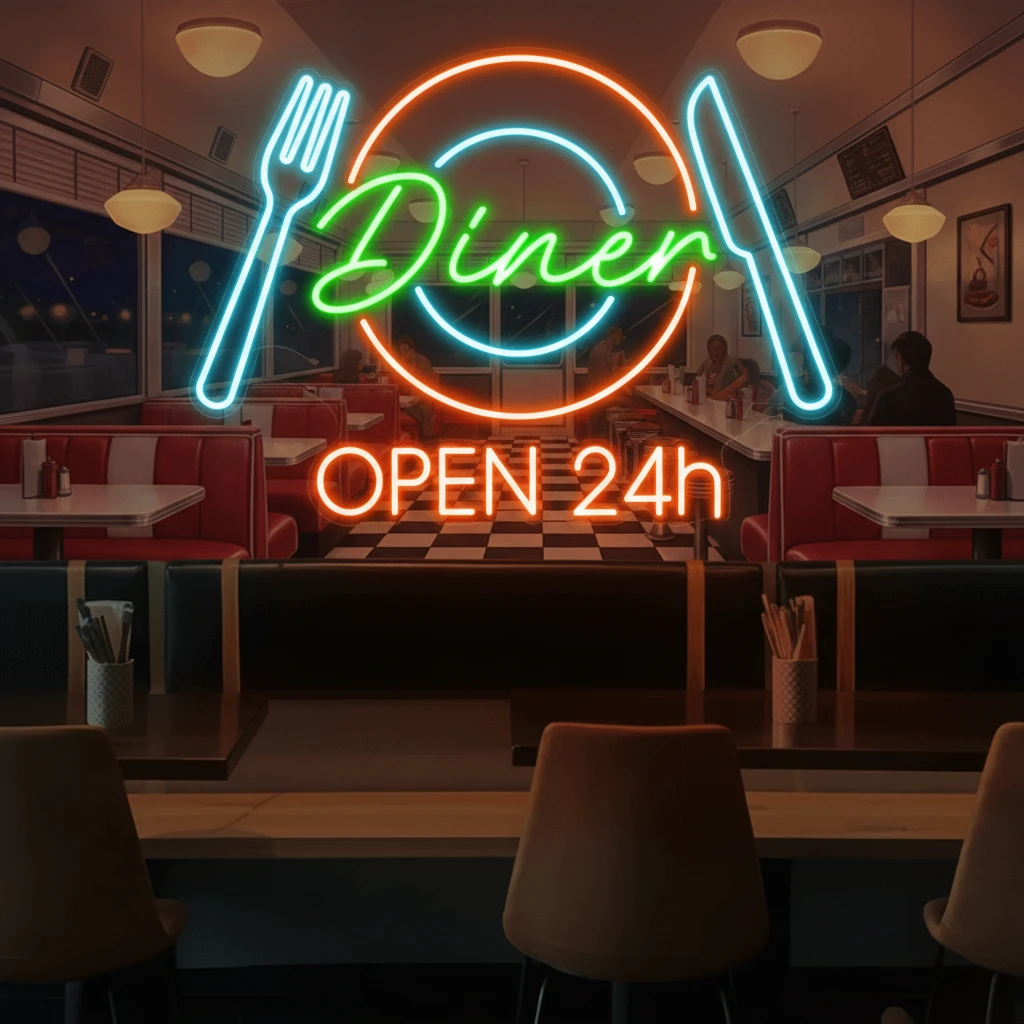 Restaurant Neon Sign Dinner 24h Open Neon Sign by Neonchics