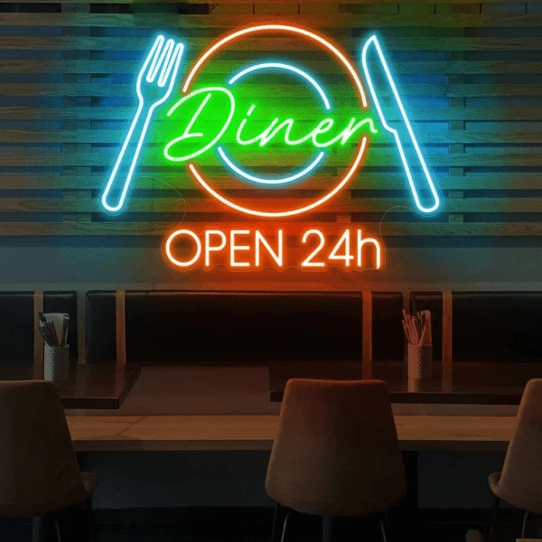 Restaurant Neon Sign Dinner 24h Open Neon Sign by Neonchics