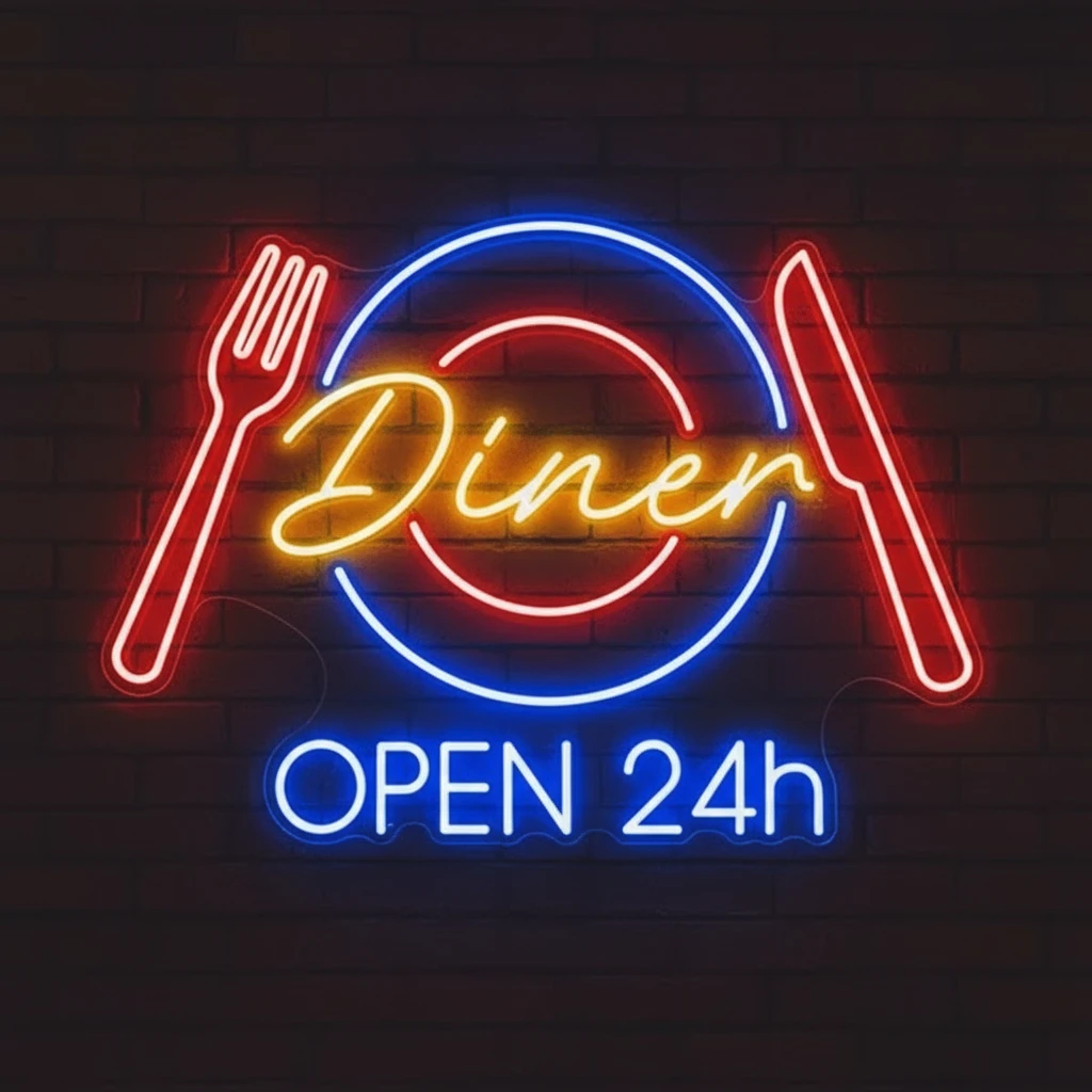 Restaurant Neon Sign Dinner 24h Open Neon Sign by Neonchics