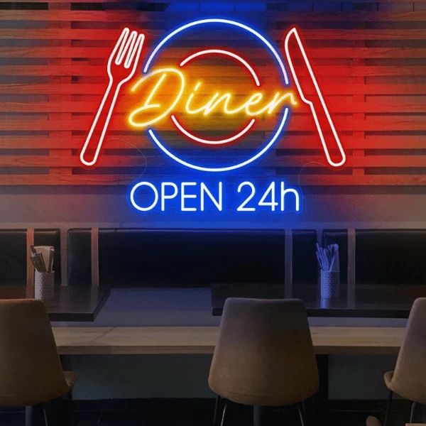 Restaurant Neon Sign Dinner 24h Open Neon Sign by Neonchics