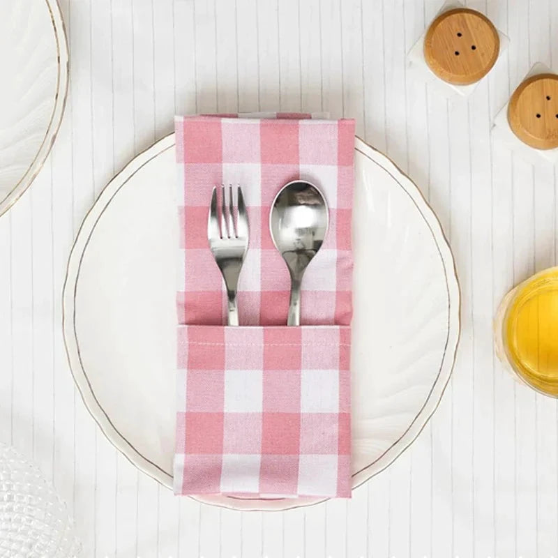 Pink Checkered Cloth Napkins Polyester Washable Table Dinning Napkins by Bowlift