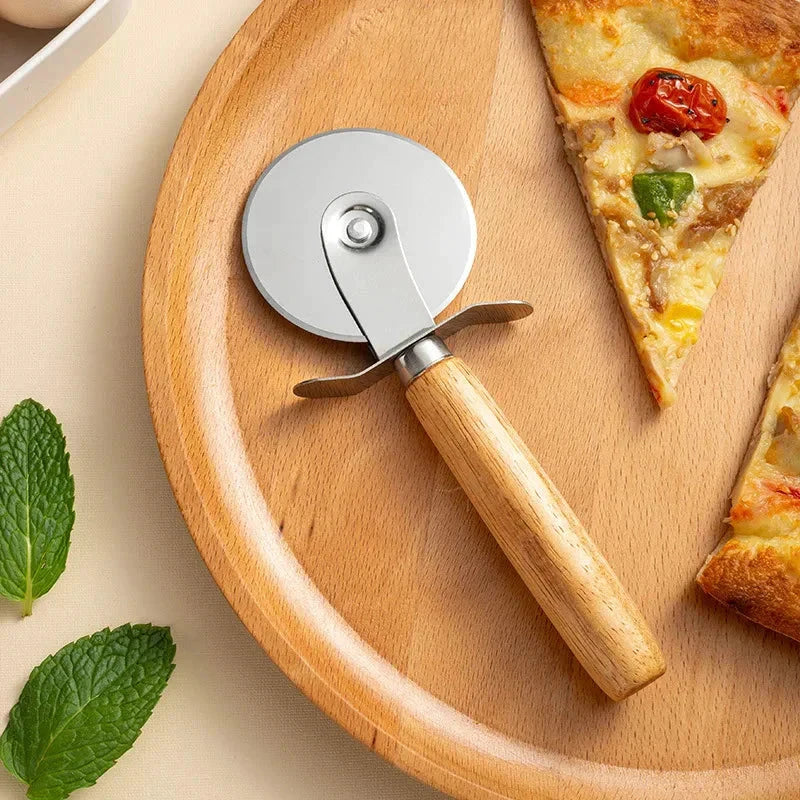 Pizza Cutter Wooden Handle Pastry Dough Cutter Cutting Wheel Slicer by Bowlift