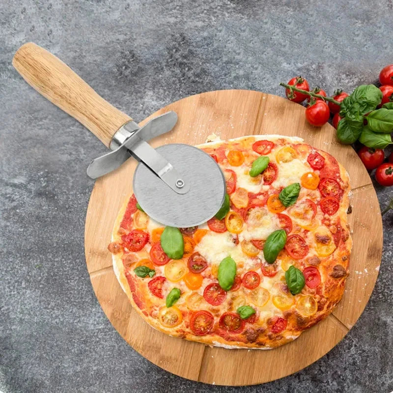 Pizza Cutter Wooden Handle Pastry Dough Cutter Cutting Wheel Slicer by Bowlift