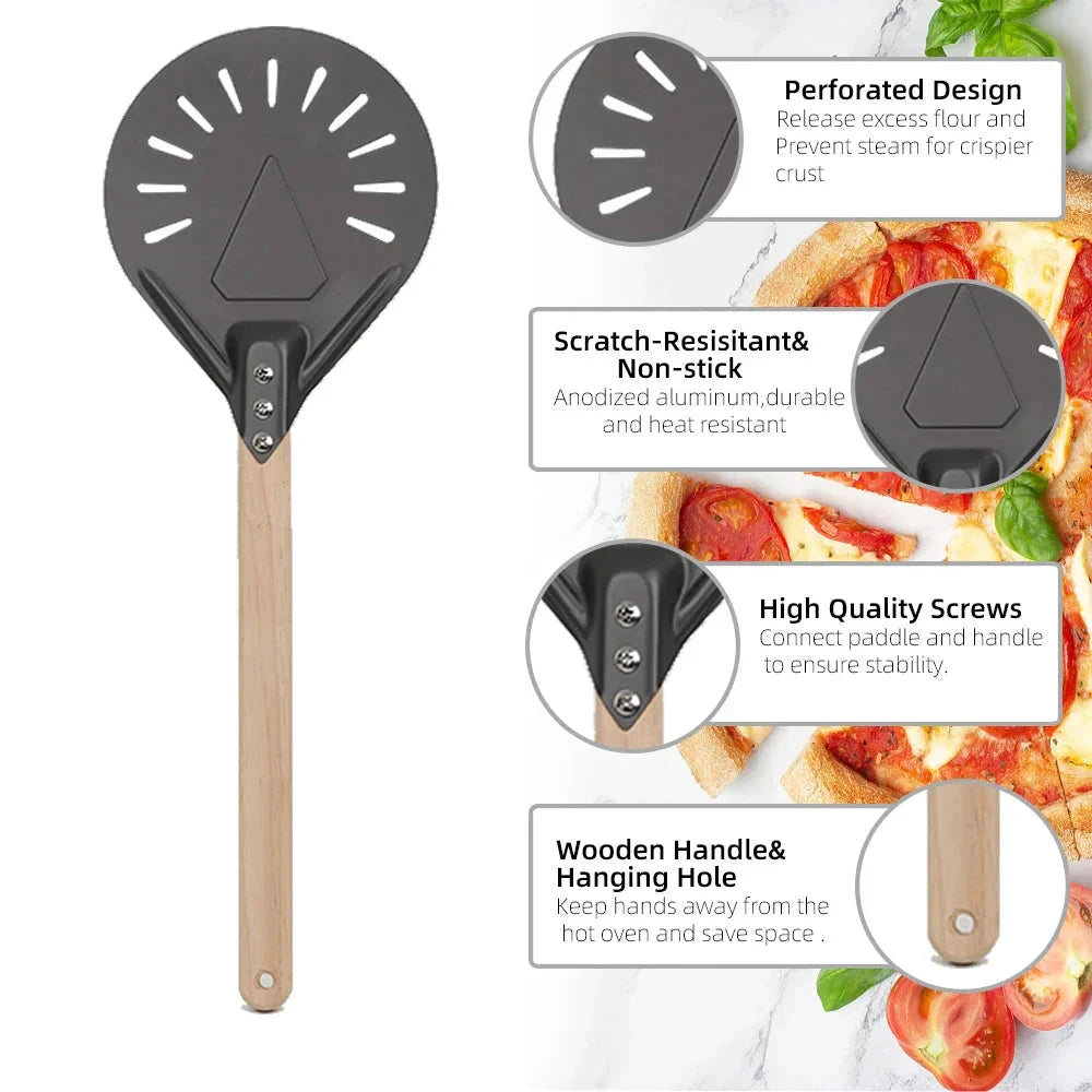 Pizza Shovel Turning Paddle Round Pizza Tool Wooden Handle Nonstick by Bowlift