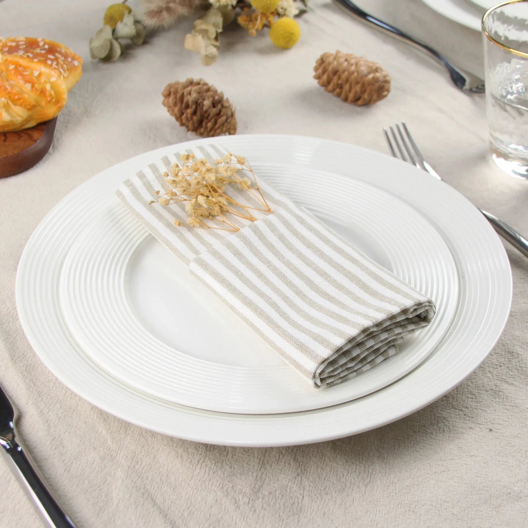 Plain Striped Cotton Linen Blend Table Napkins Set of 12 Cloth Napkins by Bowlift