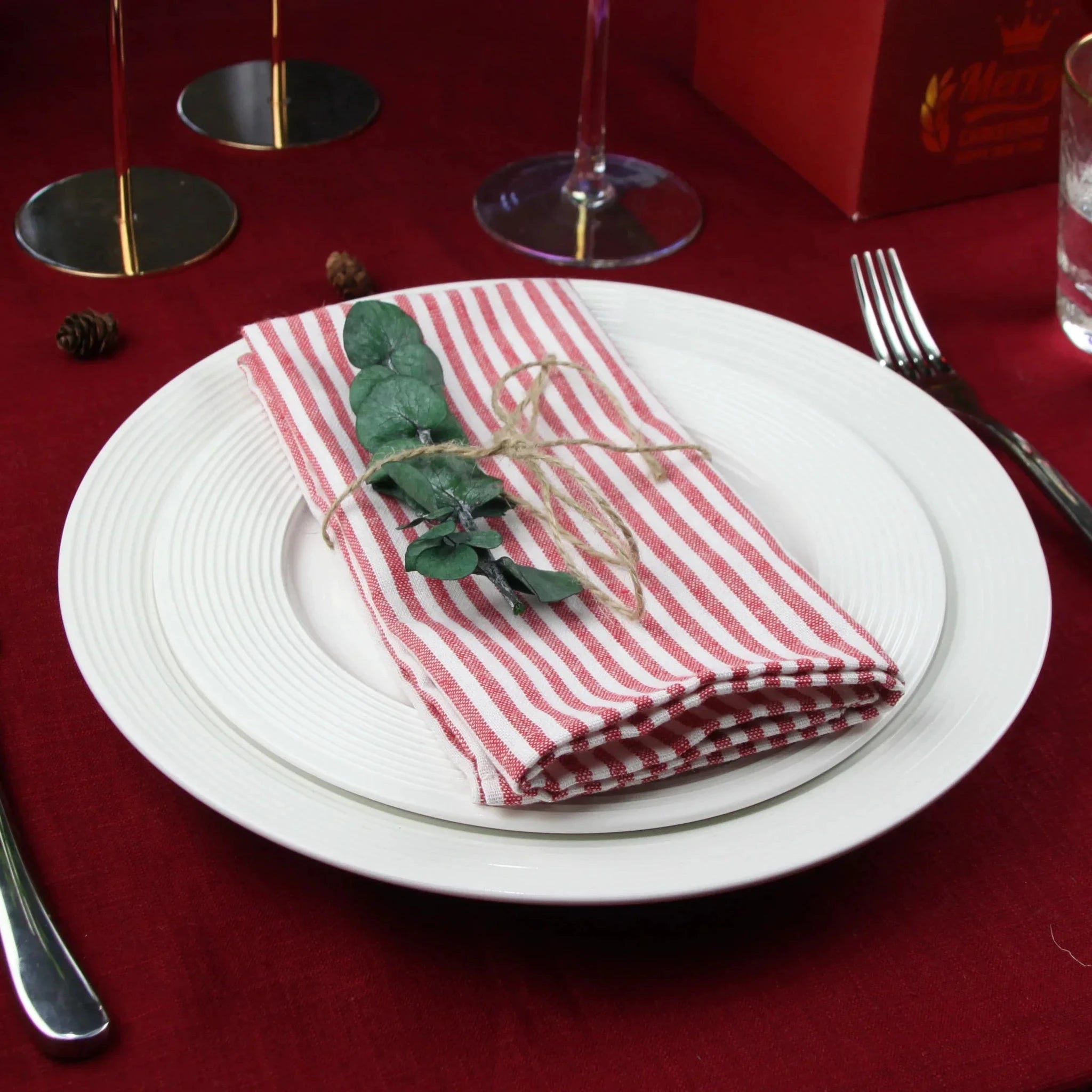 Plain Striped Cotton Linen Blend Table Napkins Set of 12 Cloth Napkins by Bowlift