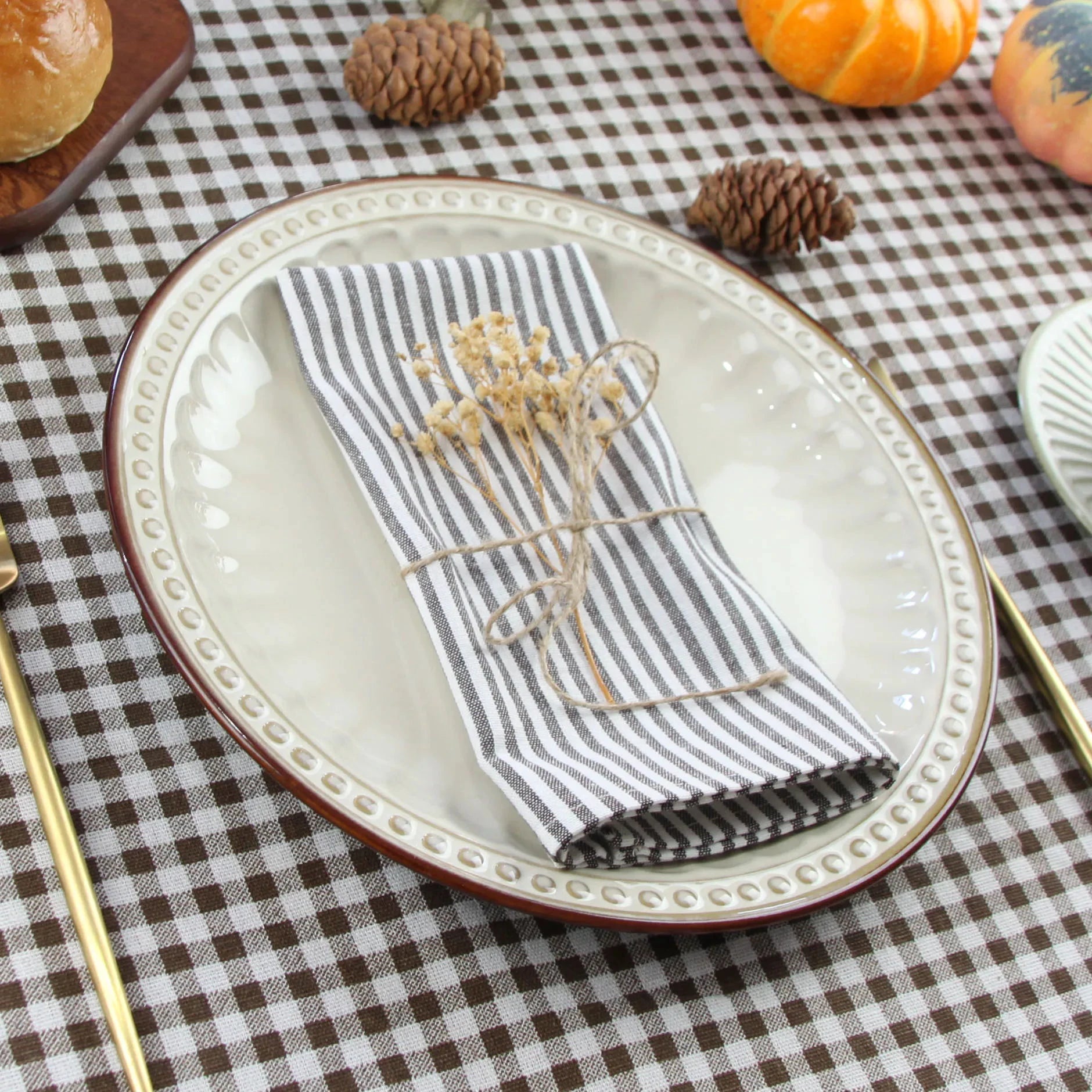 Plain Striped Cotton Linen Blend Table Napkins Set of 12 Cloth Napkins by Bowlift