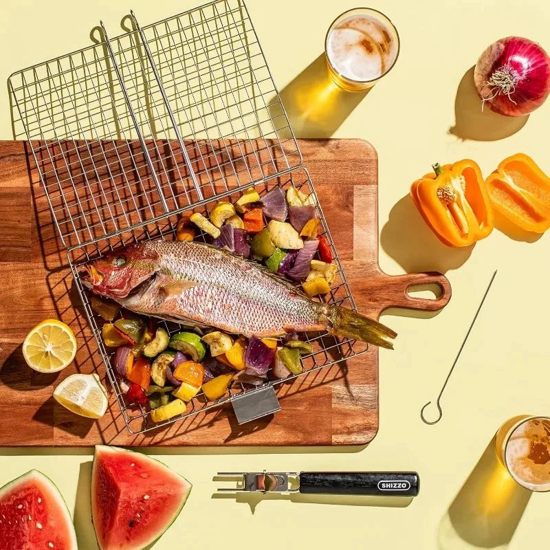 Portable Folding BBQ Grill Basket With Handle Cook Accessories Outdoor by Bowlift