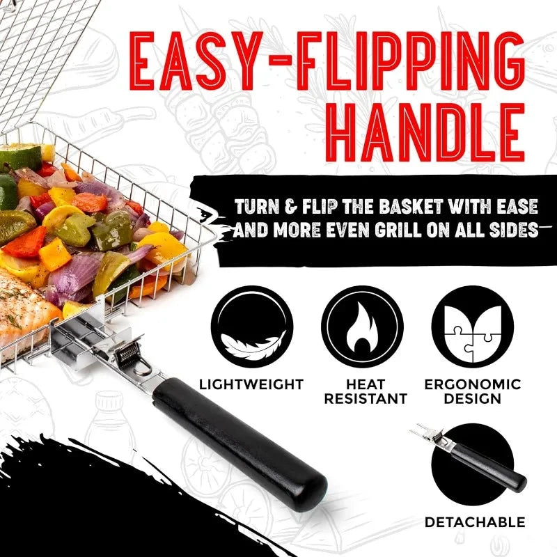 Portable Folding BBQ Grill Basket With Handle Cook Accessories Outdoor by Bowlift