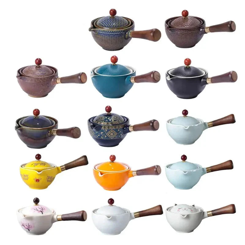 Portable Rotating Ceramic Teapot Tea Maker Infuser with Wooden Handle by Bowlift