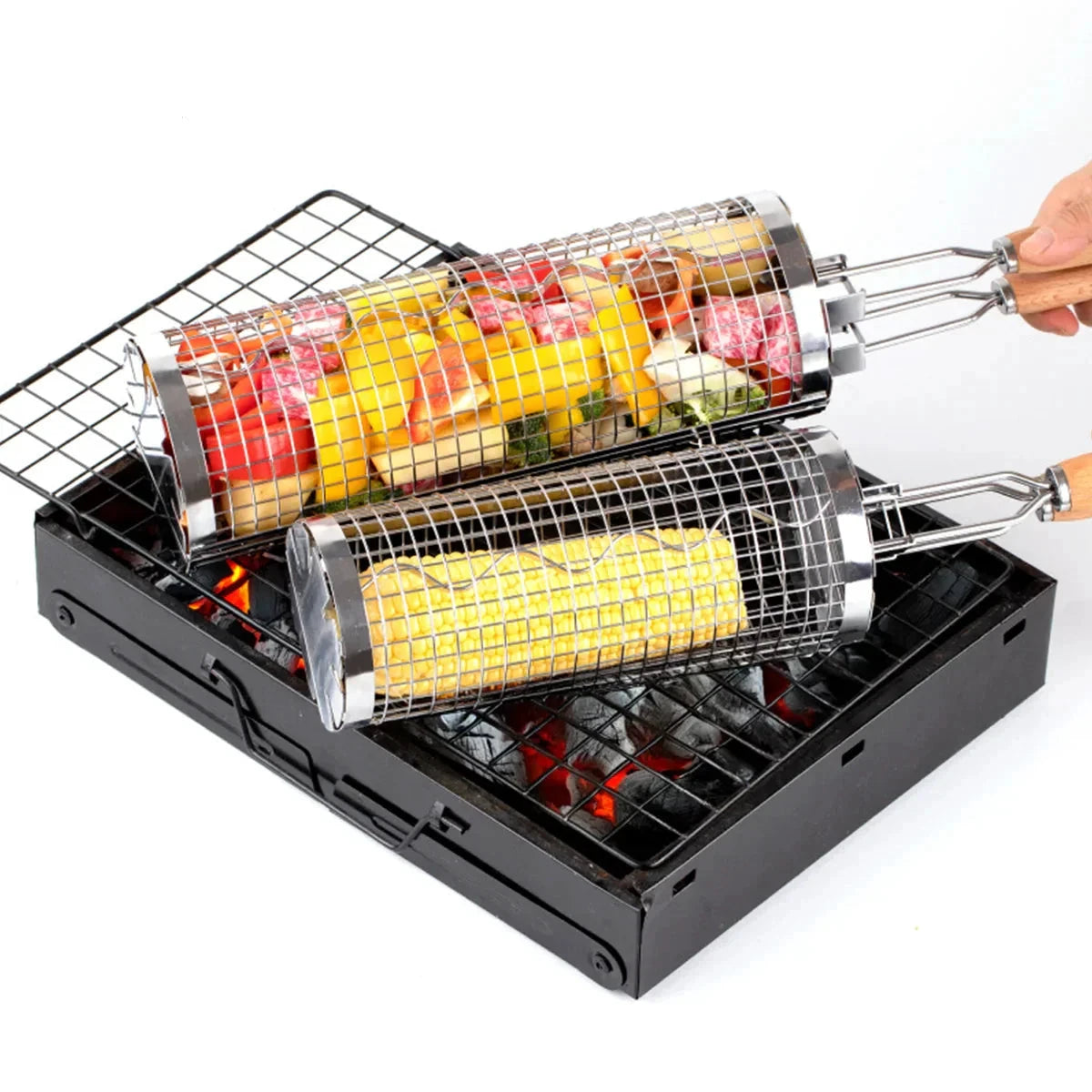 Portable Stainless Steel Rolling Grilling Basket BBQ Grill Accessory by Bowlift