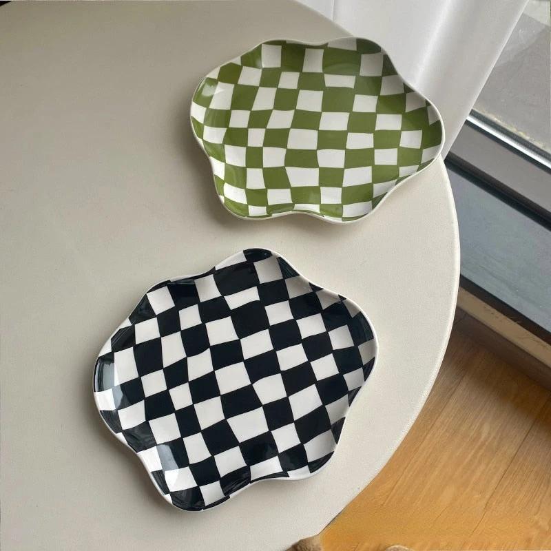 Wavy Edge Checkerboard Tray - Black, Green by Bowlift