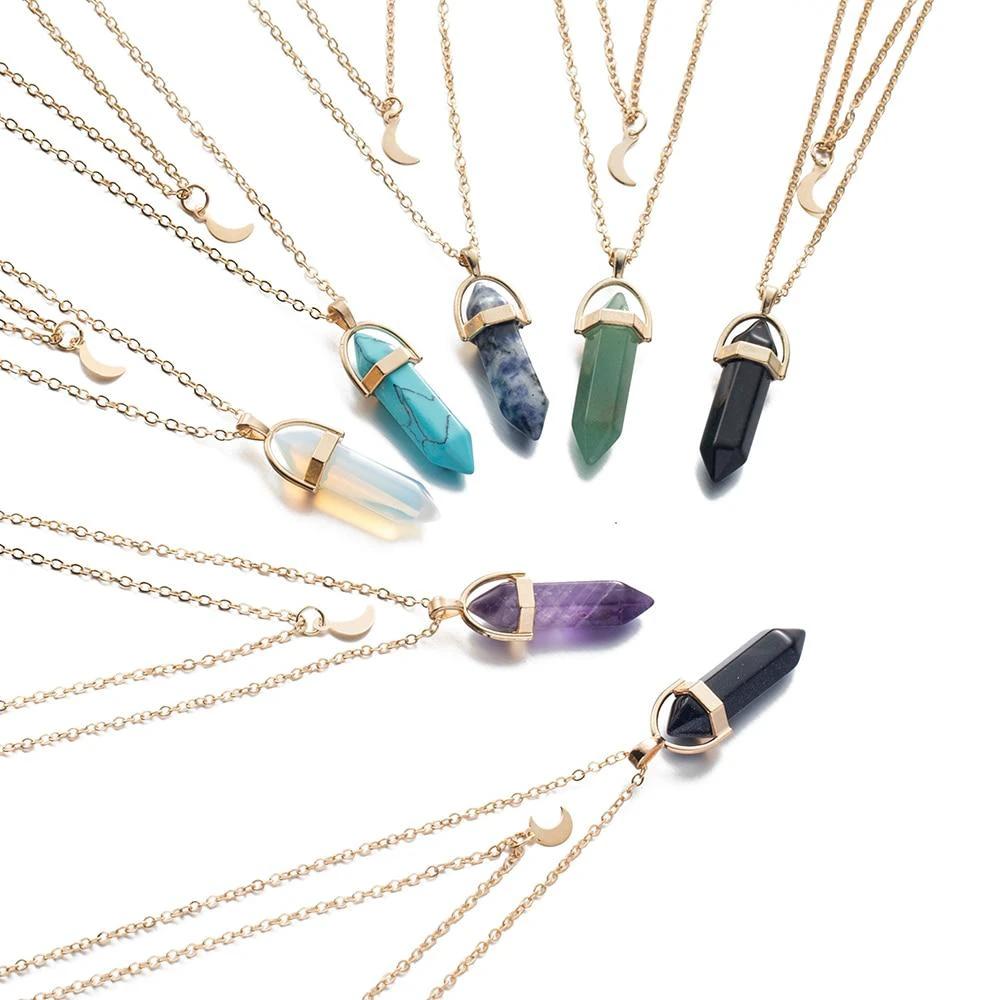 Multi Layered Moon & Crystal Drop Pendant Necklace by Bowlift