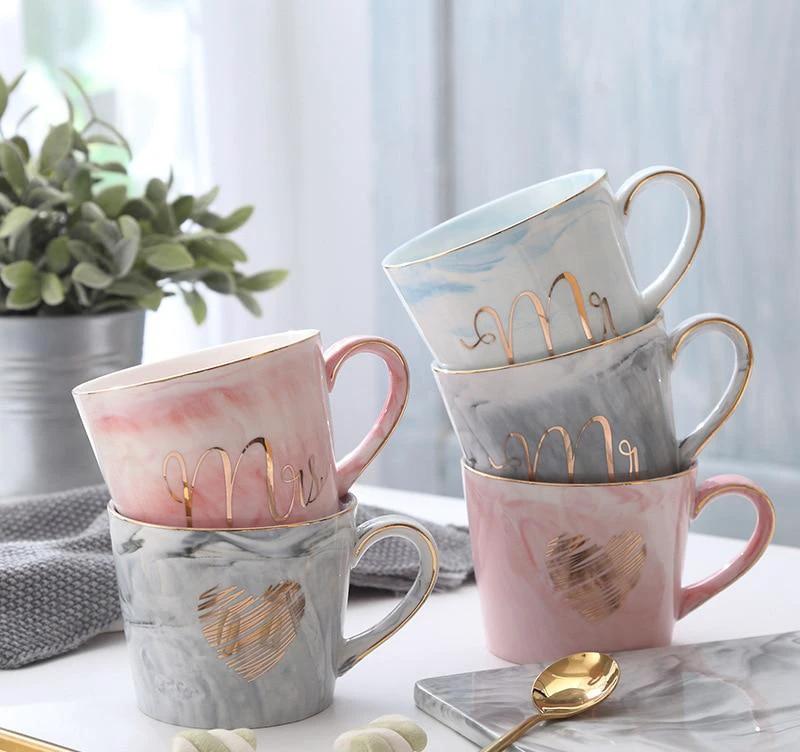 Marble Porcelain Mr & Mrs Coffee Mugs by Bowlift