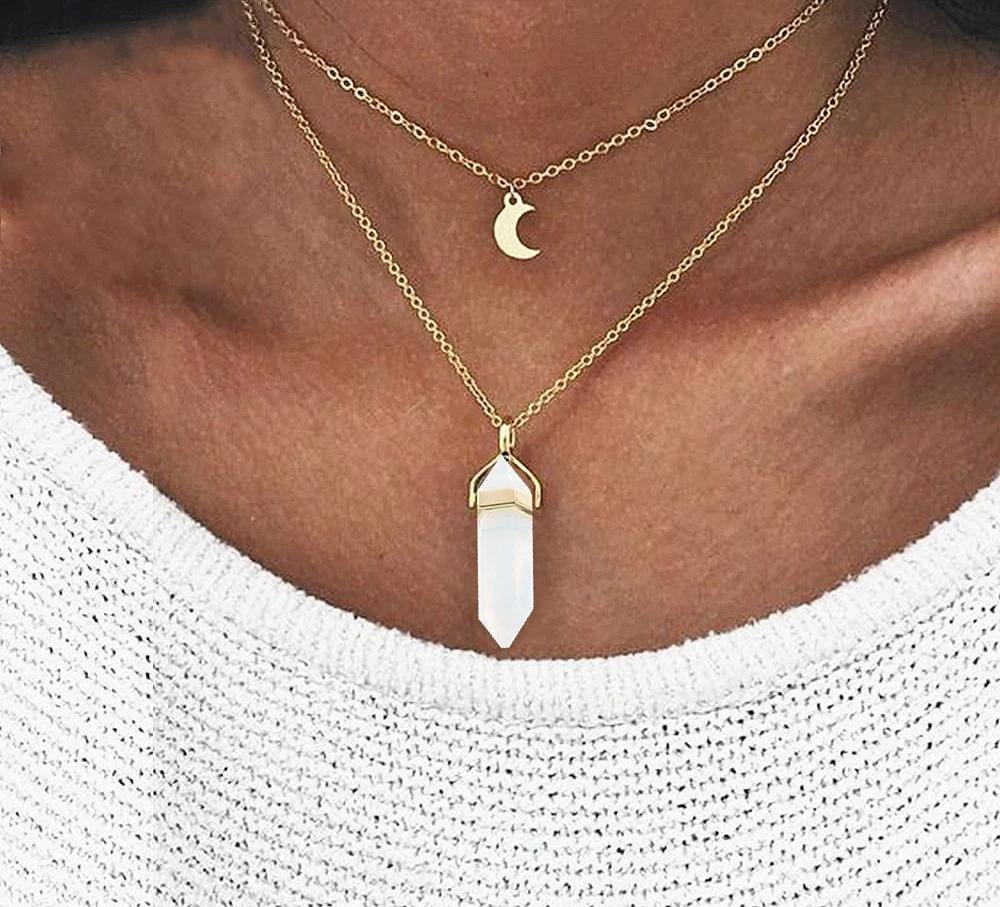 Multi Layered Moon & Crystal Drop Pendant Necklace by Bowlift
