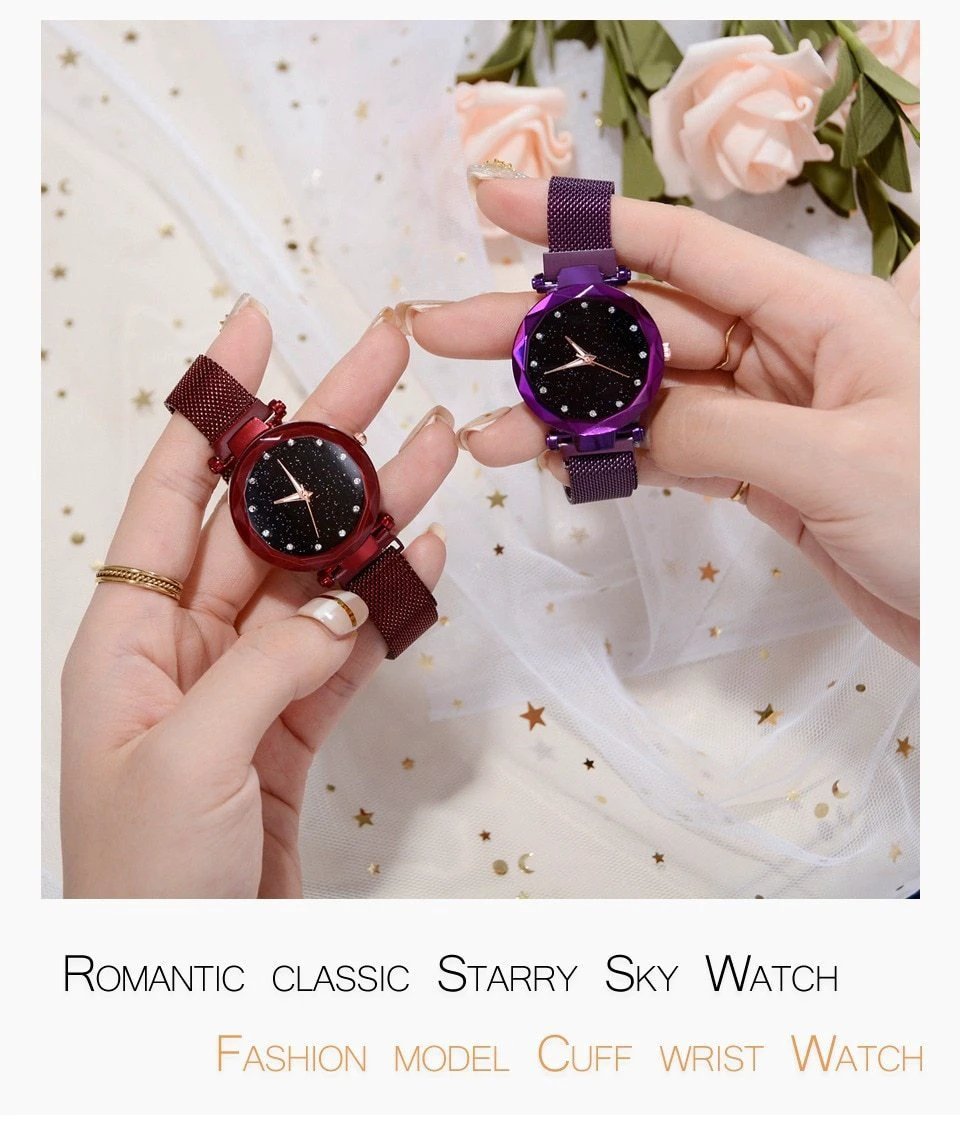 Fashionable Unique Mesh Magnet Buckle Exotic Starry Diamond Designer Luxury Ladies Women Watch by BowLift
