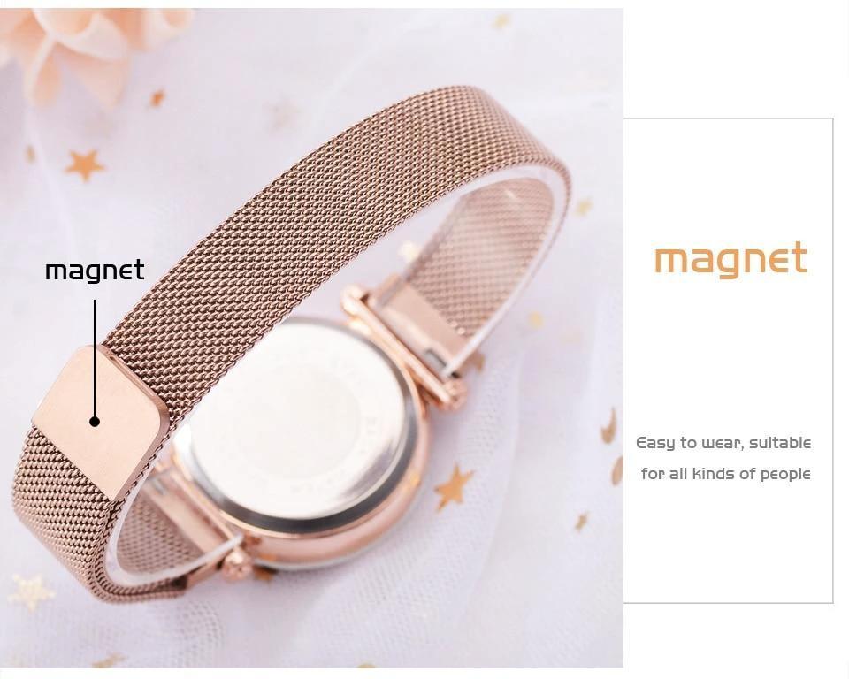Fashionable Unique Mesh Magnet Buckle Exotic Starry Diamond Designer Luxury Ladies Women Watch by BowLift