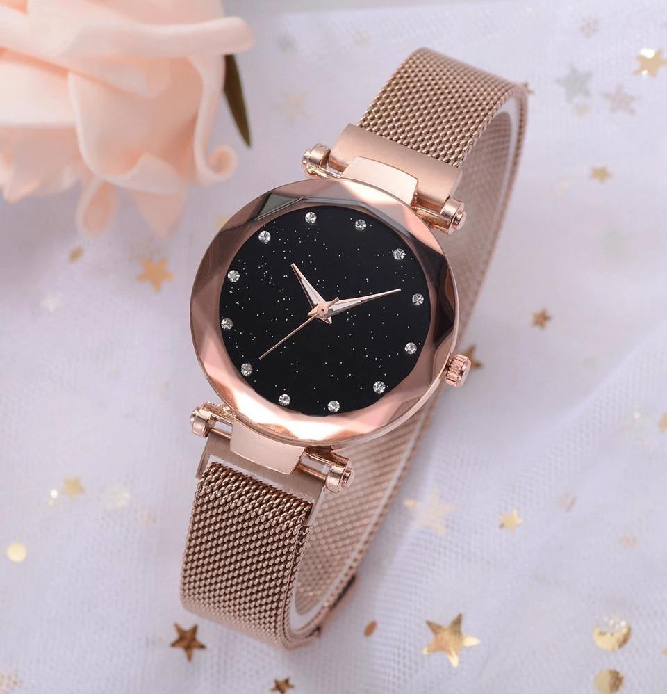 Fashionable Unique Mesh Magnet Buckle Exotic Starry Diamond Designer Luxury Ladies Women Watch by BowLift