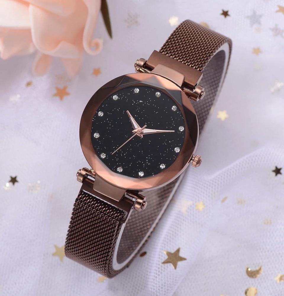 Fashionable Unique Mesh Magnet Buckle Exotic Starry Diamond Designer Luxury Ladies Women Watch by BowLift