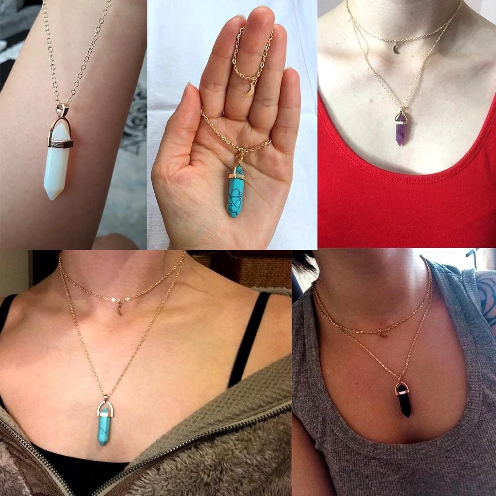 Multi Layered Moon & Crystal Drop Pendant Necklace by Bowlift
