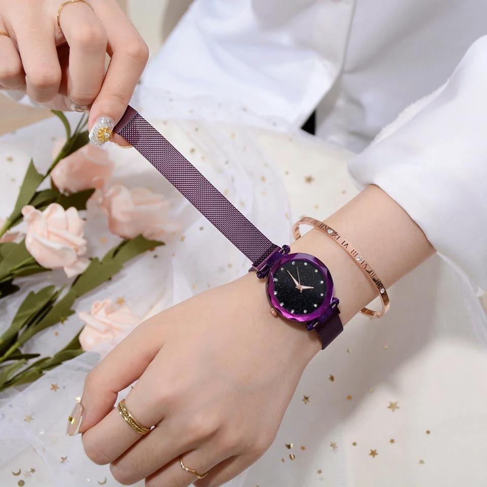 Fashionable Unique Mesh Magnet Buckle Exotic Starry Diamond Designer Luxury Ladies Women Watch by BowLift