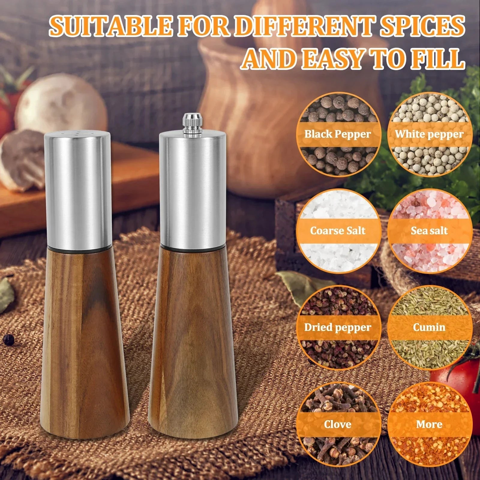 Refillable Acacia Wood Salt Shaker and Pepper Spice Mill Grinder Set by Bowlift