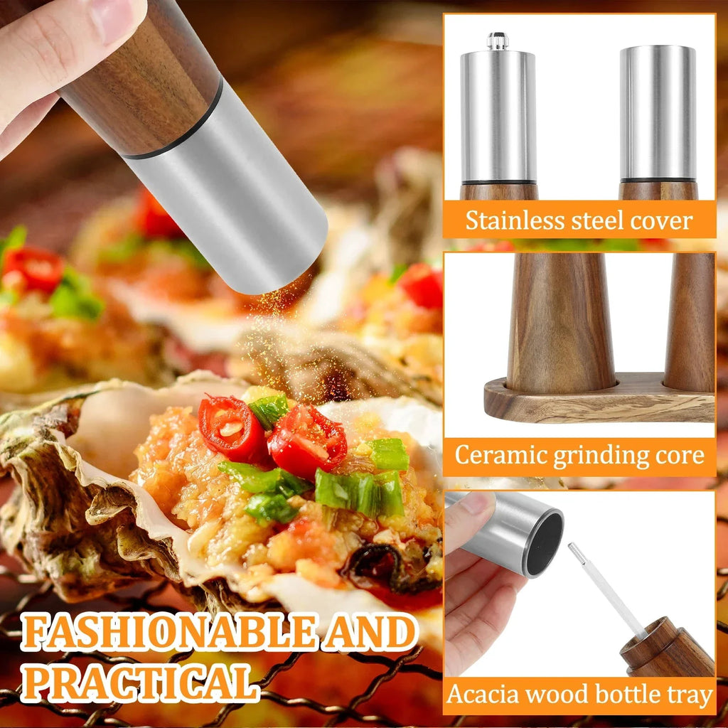 Refillable Acacia Wood Salt Shaker and Pepper Spice Mill Grinder Set by Bowlift