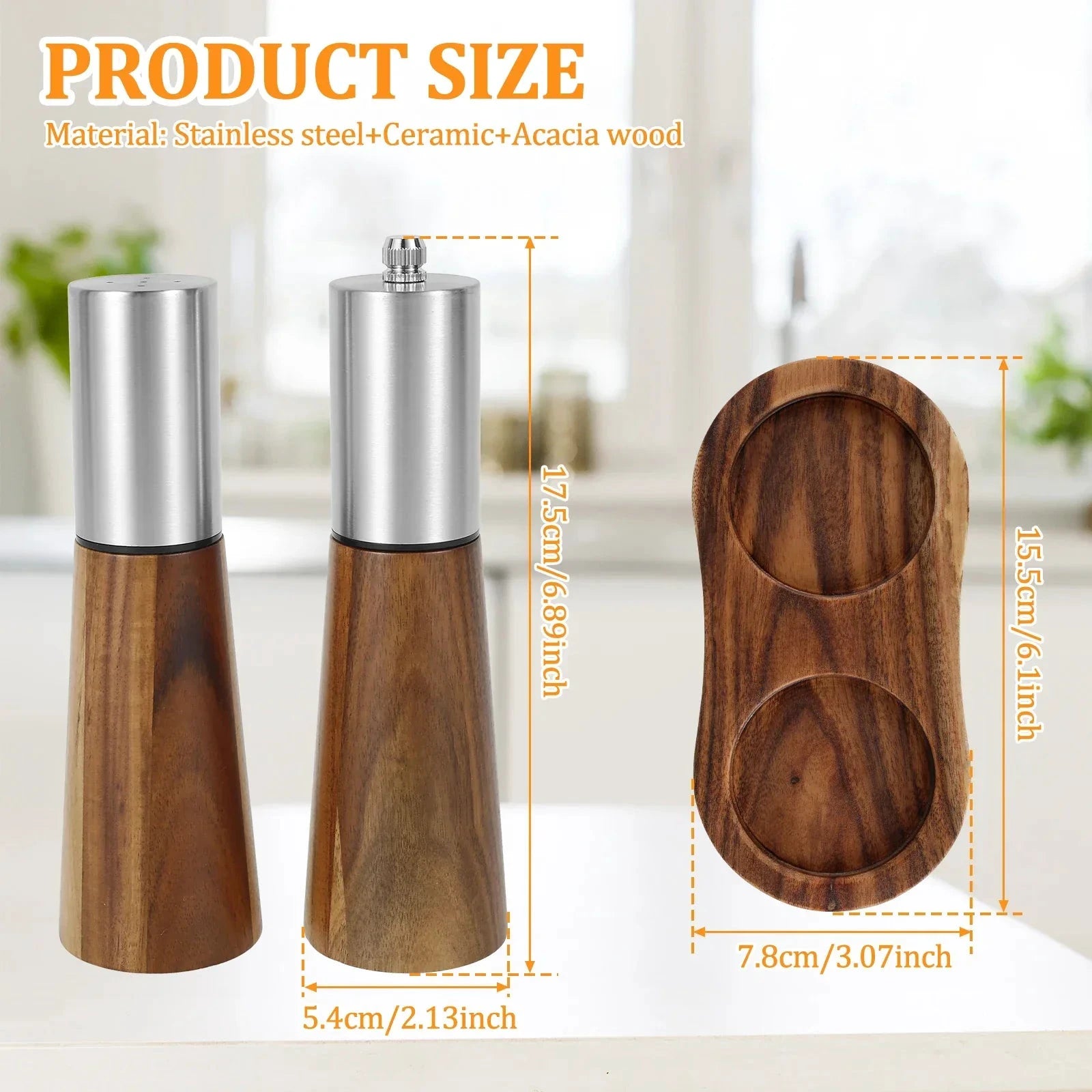 Refillable Acacia Wood Salt Shaker and Pepper Spice Mill Grinder Set by Bowlift