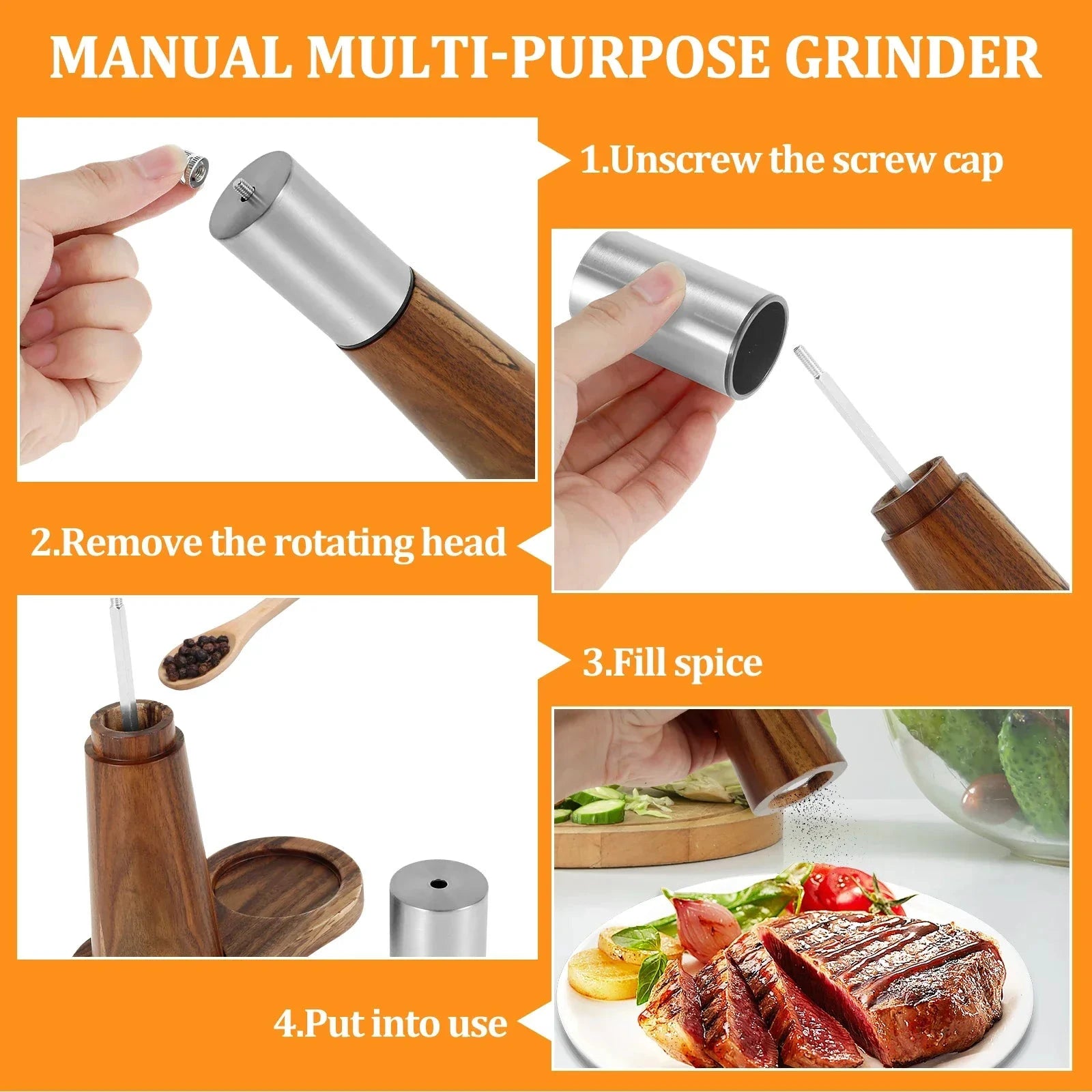 Refillable Acacia Wood Salt Shaker and Pepper Spice Mill Grinder Set by Bowlift