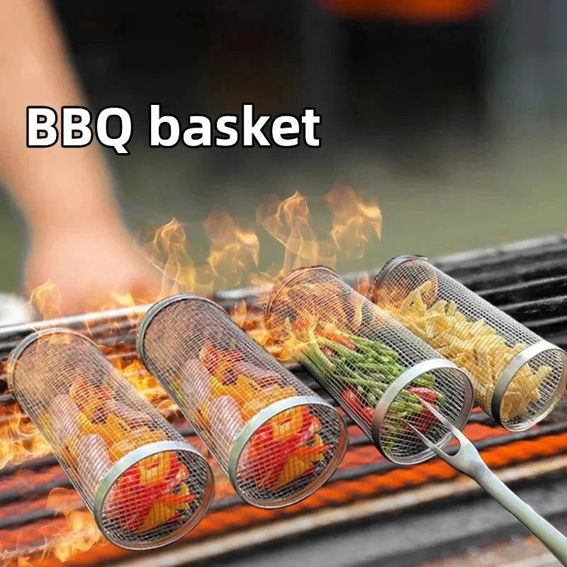 Rolling BBQ Basket Grilling Basket Ever Round Stainless Steel Grill Mesh by Bowlift