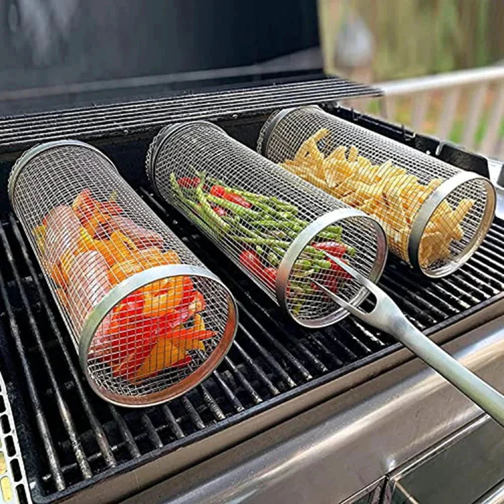 Rolling BBQ Basket Grilling Basket Ever Round Stainless Steel Grill Mesh by Bowlift