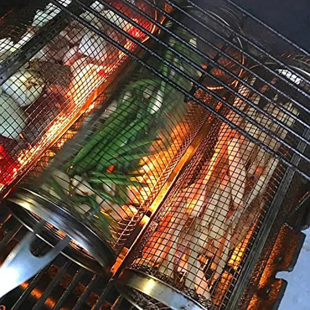 Rolling BBQ Basket Grilling Basket Ever Round Stainless Steel Grill Mesh by Bowlift