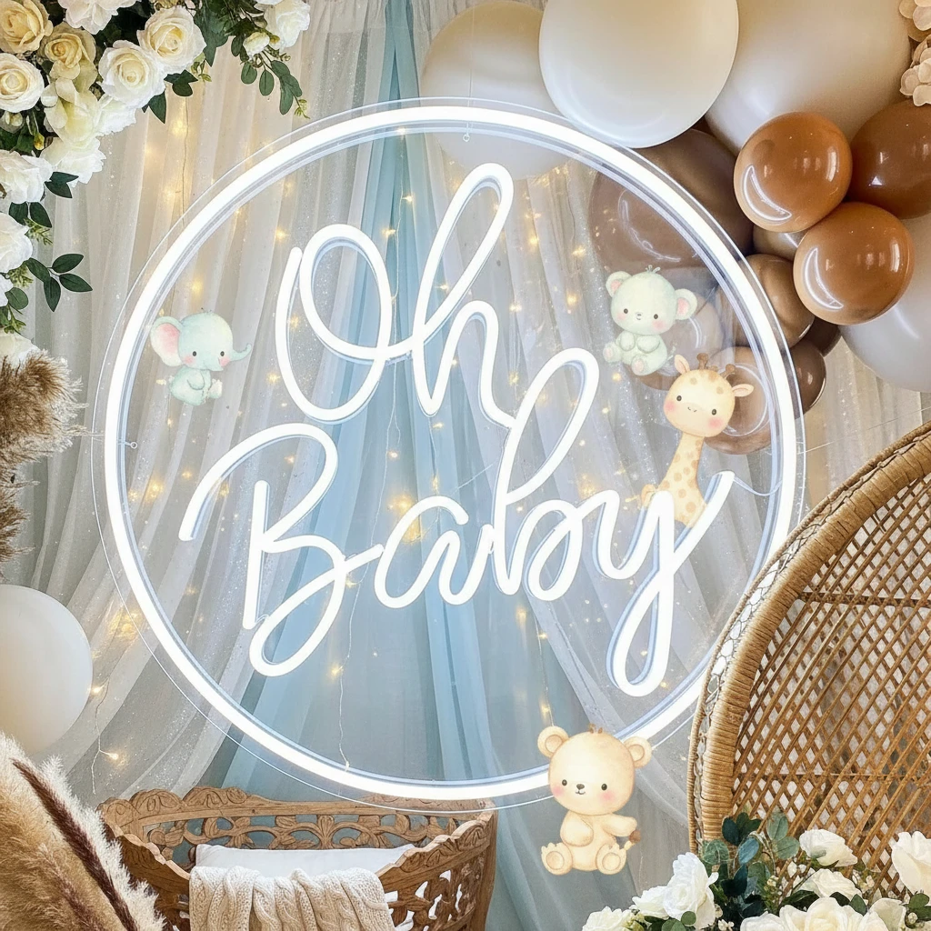 Round Oh Baby Neon Sign for Baby Shower Birthday Party Decor by Neonchics