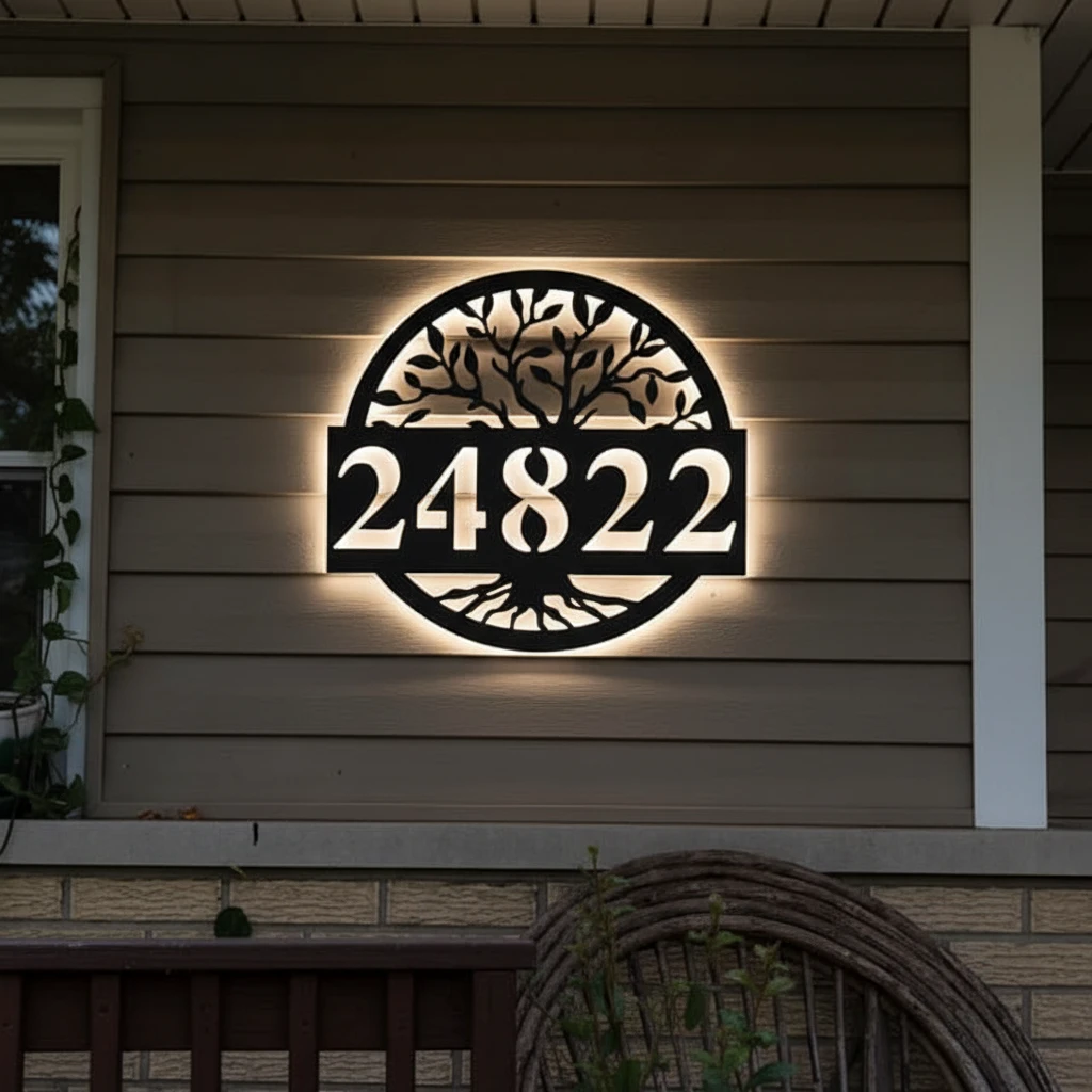 Round Metal Address Sign for House by Neonchics