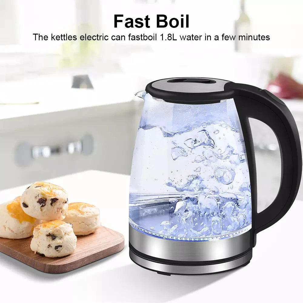 Electric Kettle | 1.8L, 3000W, Rapid Boil, Auto Shut-Off & Borosilicate Glass for Tea, Coffee & Instant Meals by BowLift