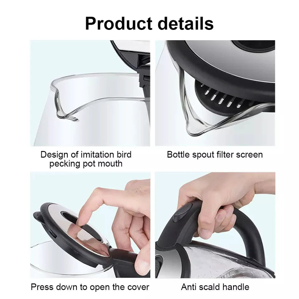Electric Kettle | 1.8L, 3000W, Rapid Boil, Auto Shut-Off & Borosilicate Glass for Tea, Coffee & Instant Meals by BowLift