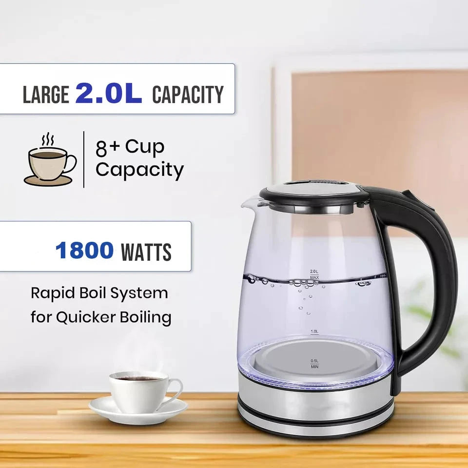 Electric Kettle | 1.8L, 3000W, Rapid Boil, Auto Shut-Off & Borosilicate Glass for Tea, Coffee & Instant Meals by BowLift