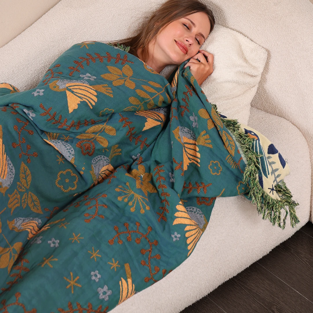 Reversible Scandinavian Bird Blanket | 100% Cotton Blanket by Casa & Beyond