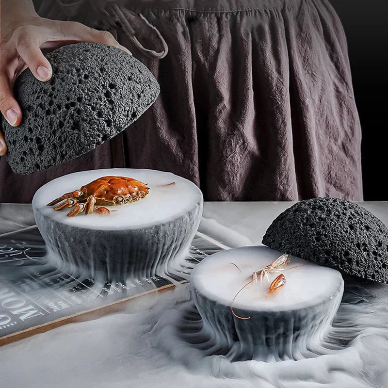 Special Lava Stone Planet Sashimi Seafood Dry Ice Serving Plate by Bowlift