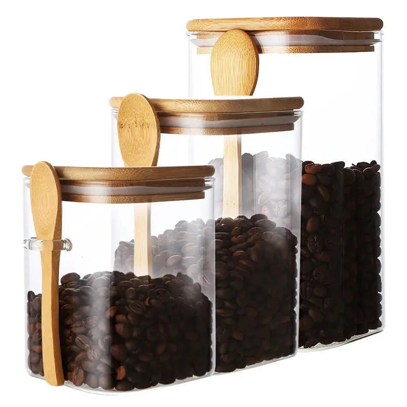 Square Glass Storage Jar with Wooden Spoon and Lid Glass Container by Bowlift