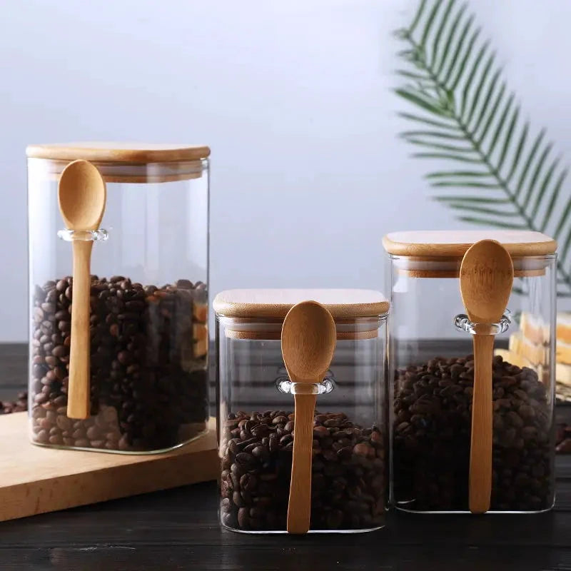 Square Glass Storage Jar with Wooden Spoon and Lid Glass Container by Bowlift
