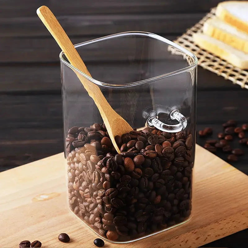 Square Glass Storage Jar with Wooden Spoon and Lid Glass Container by Bowlift