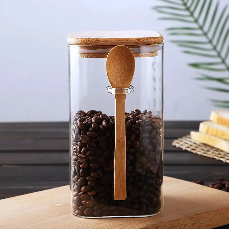 Square Glass Storage Jar with Wooden Spoon and Lid Glass Container by Bowlift