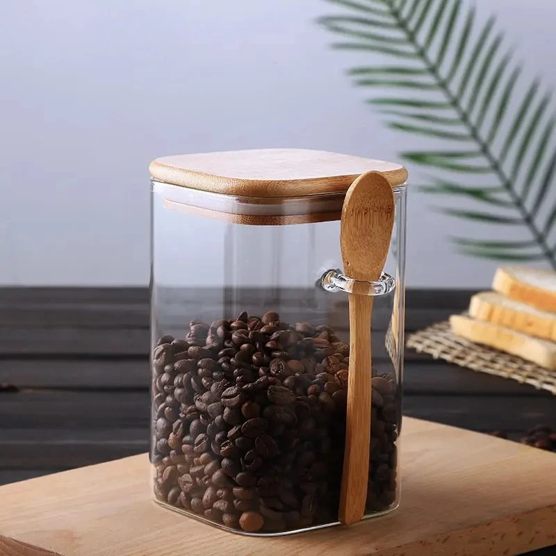 Square Glass Storage Jar with Wooden Spoon and Lid Glass Container by Bowlift