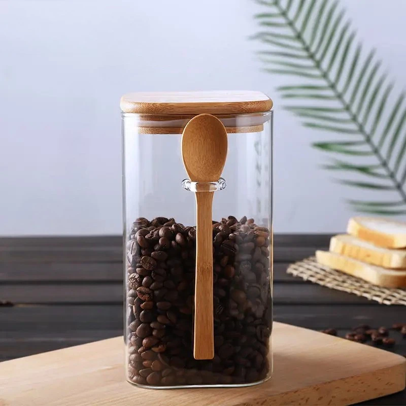 Square Glass Storage Jar with Wooden Spoon and Lid Glass Container by Bowlift