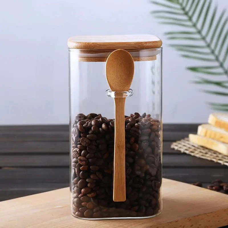 Square Glass Storage Jar with Wooden Spoon and Lid Glass Container by Bowlift