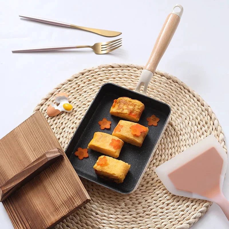 Square Maifan Stone Non Stick Frying Pan with Wooden Handle Cookware by Bowlift